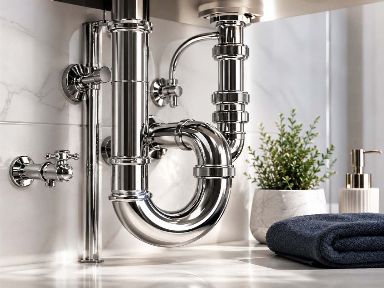 Premium chrome plumbing under sink with clean bathroom finish